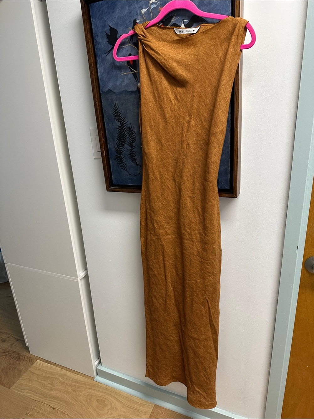 Zara Maxi Linen Knot shoulder Dress in Rust Brown